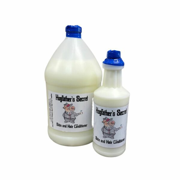 Hogfathers Secret Skin and Hair Conditioner is a leave in spray that can be used on all color of hogs and all species