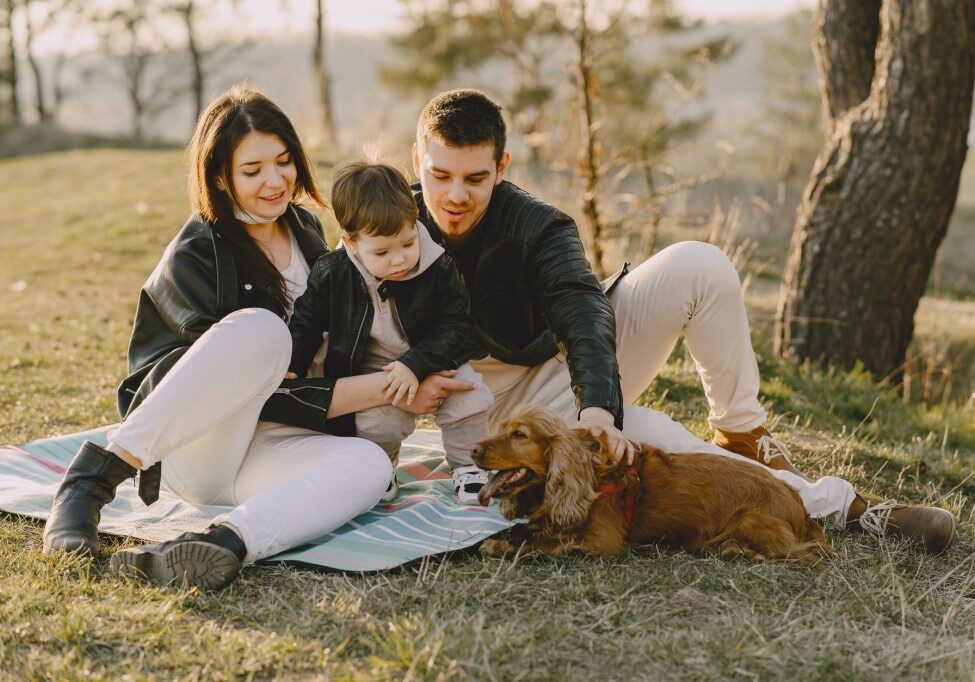 photo of family sitting on mat while looking at brown dog